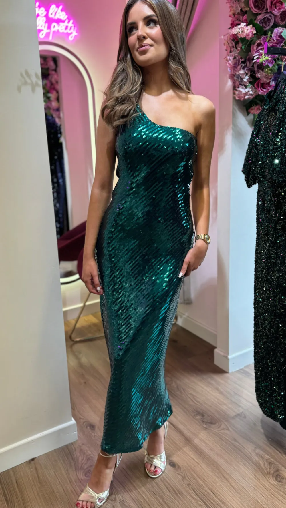 kendall_green_sequin_one__4.webp GIRL IN MIND Fitted Dresses | Going Out Dresses^Kendall Green Sequin One Shoulder Maxi Dress