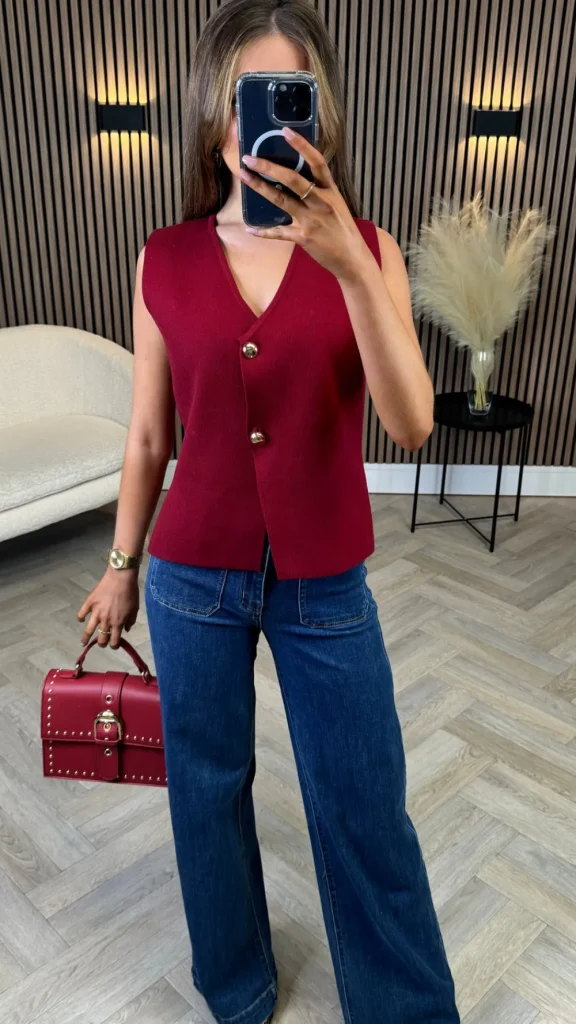 LILY ROSE BY FJ Tops^Kiersten Burgundy Button Detail Waistcoat