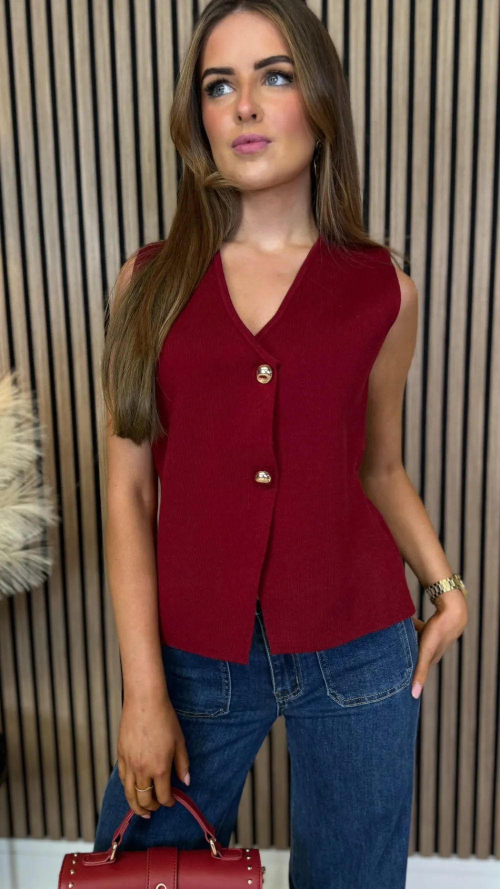 kiersten_burgundy_button__3.webp LILY ROSE BY FJ Tops^Kiersten Burgundy Button Detail Waistcoat