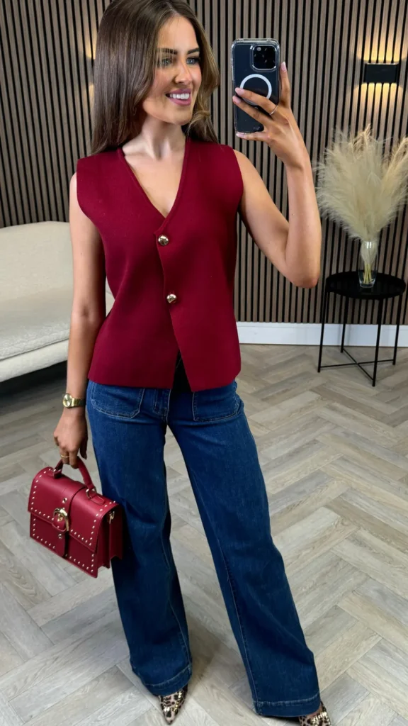 LILY ROSE BY FJ Tops^Kiersten Burgundy Button Detail Waistcoat