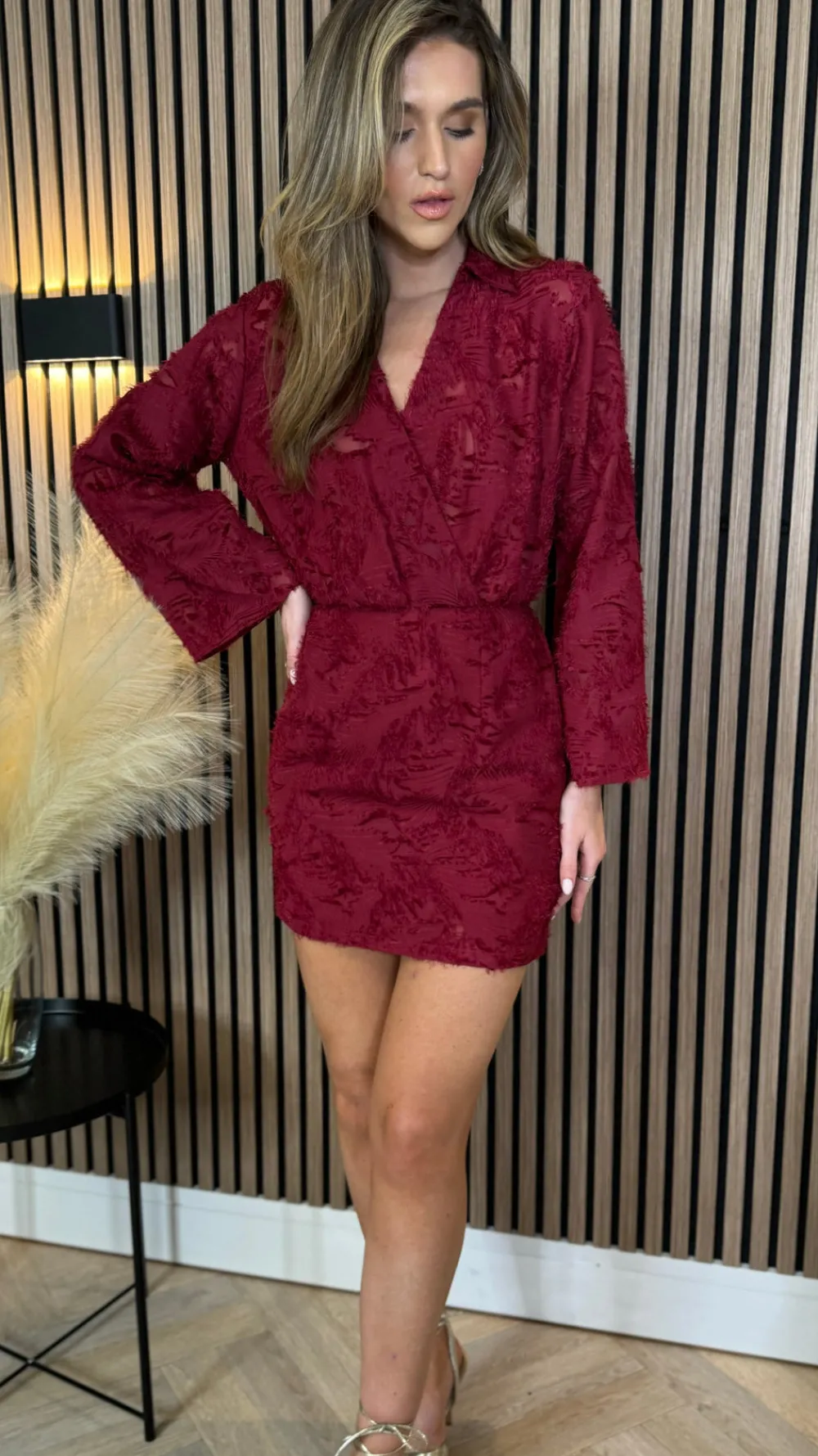 kyndle_burgundy_collared__1.webp ELINA STUDIO Knitwear | Day Dresses^Kyndle Burgundy Collared V Neckline Mini Dress