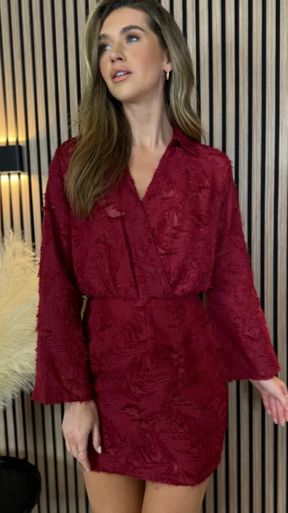 ELINA STUDIO Knitwear | Day Dresses^Kyndle Burgundy Collared V Neckline Mini Dress