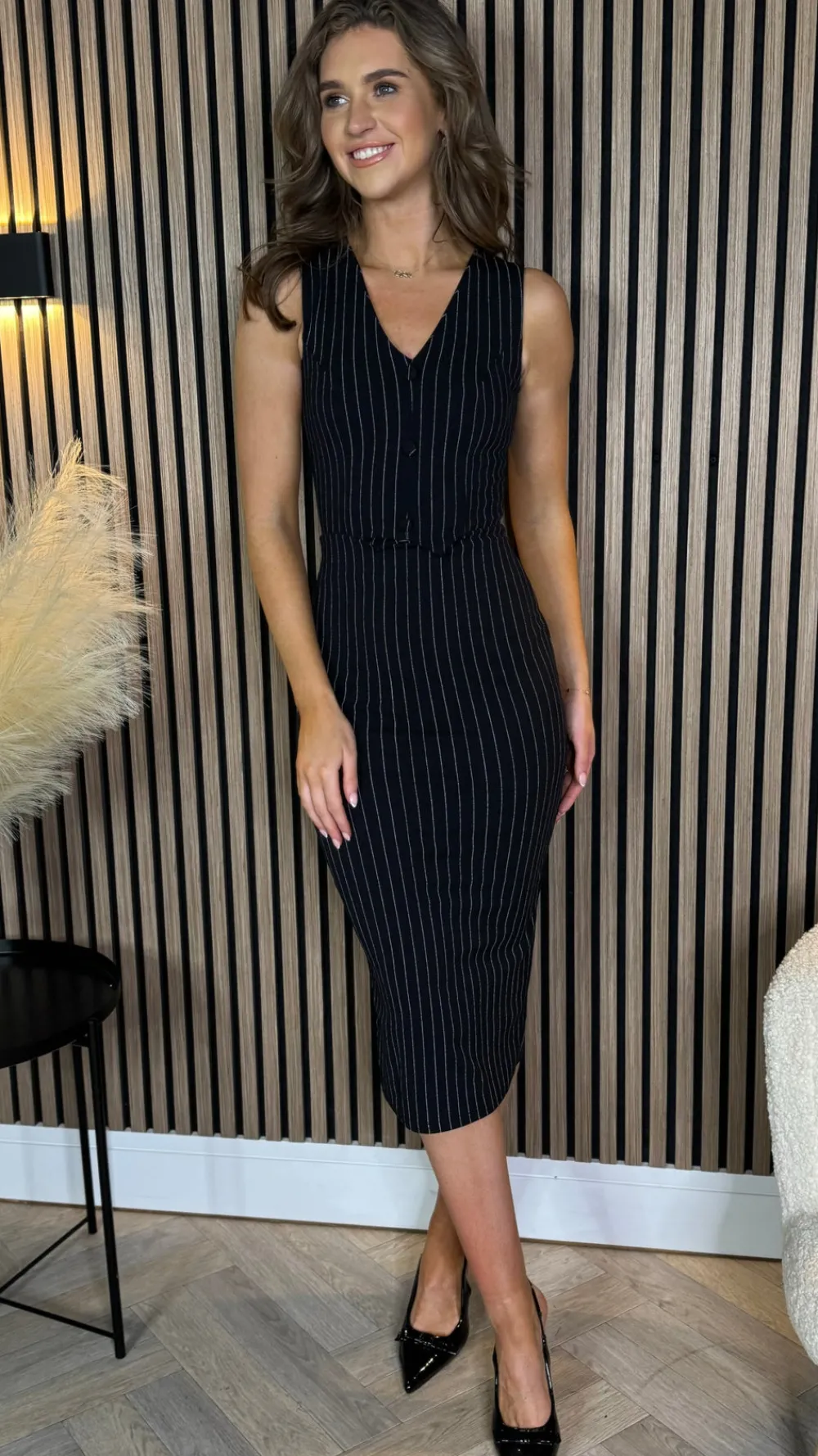 lailah_black_pinstripe_wa_3.webp AX PARIS Going Out Dresses | Occasion Dresses^Lailah Black Pinstripe Waistcoat Detail Bodycon Midi Dress