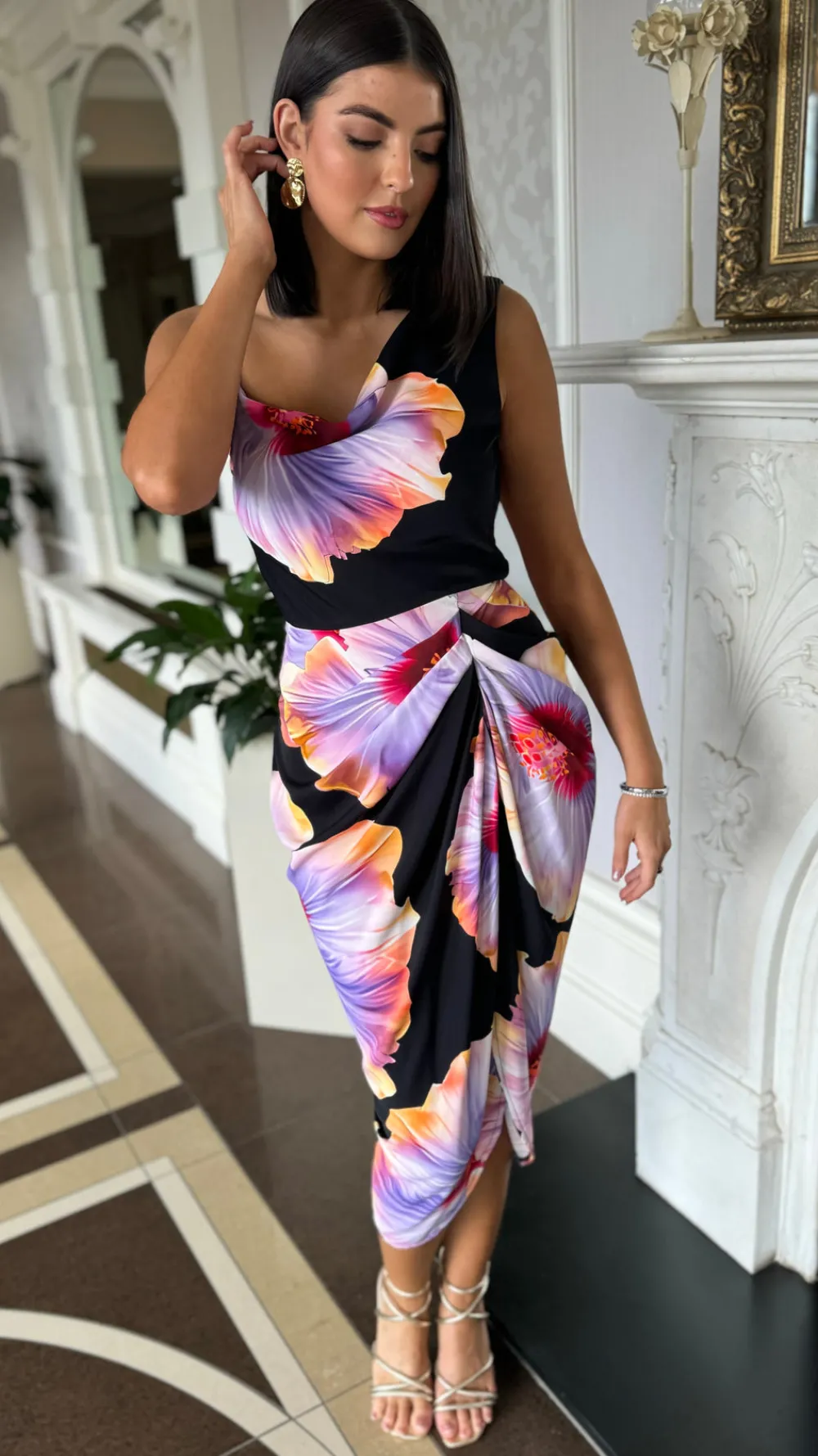 laken_black_amp_lilac_flo_5.webp AX PARIS Fitted Dresses | Going Out Dresses^Laken Black & Lilac Floral Print Strap Detail Gathered Skirt Midi Dress