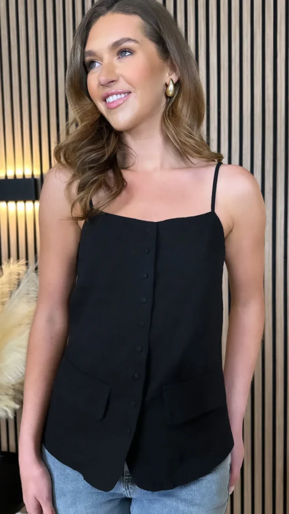 ELENZA Tops^Lana Black Button Down Cami Strap Top