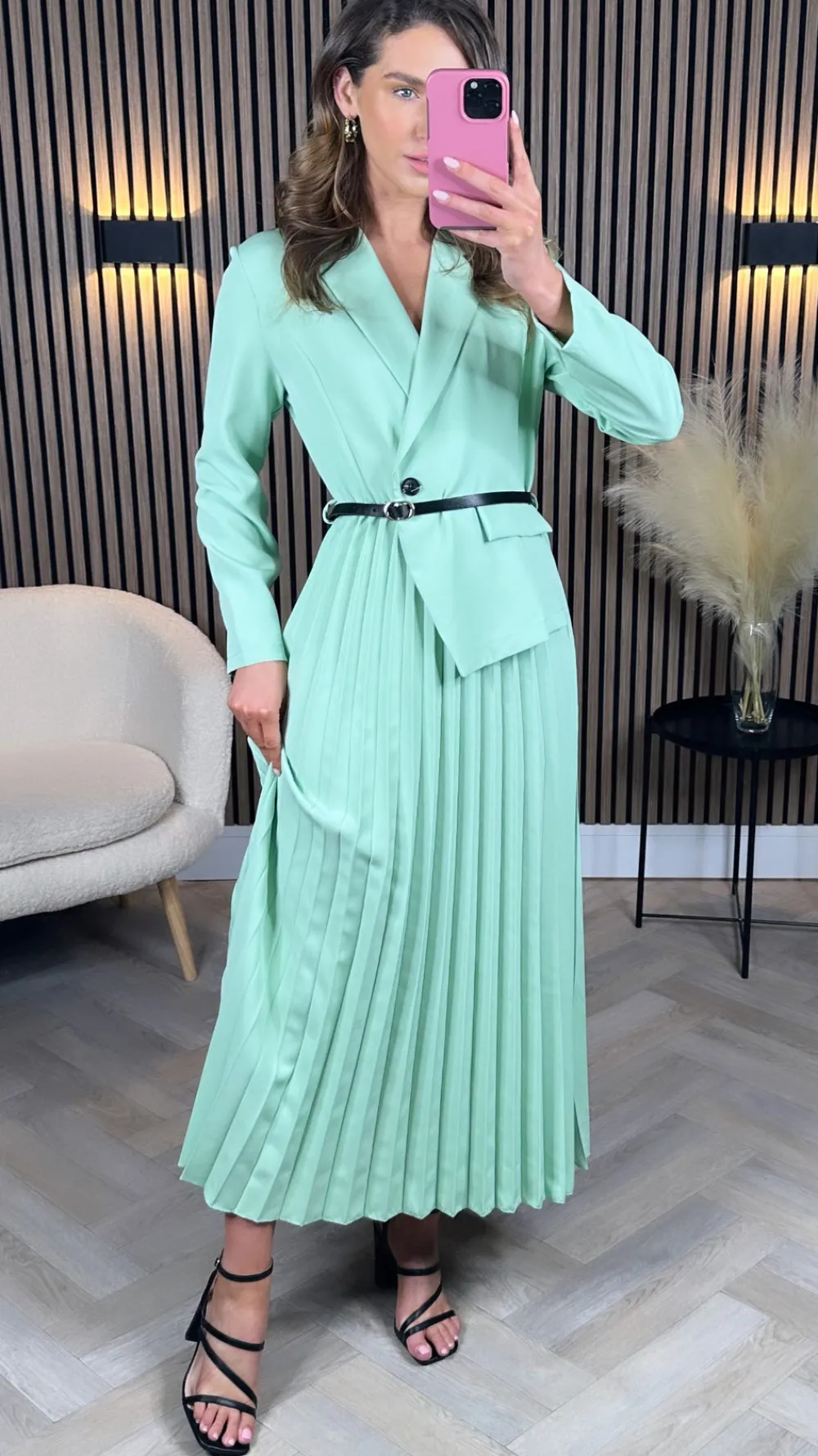 larissa_light_green_blaze_0.webp ALLYSON Going Out Dresses | Occasion Dresses^Larissa Light Green Blazer Top Pleated Midi Dress
