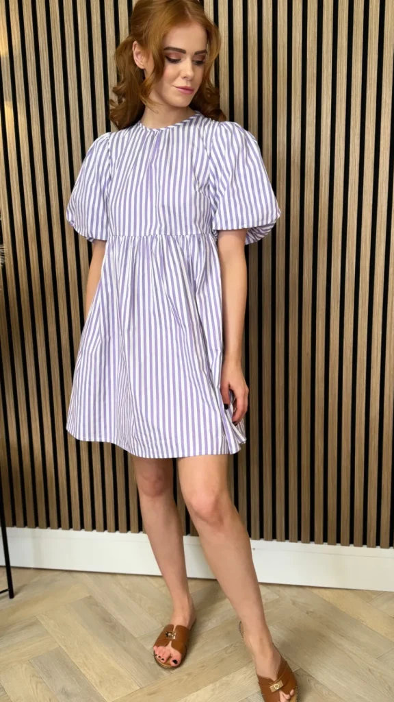 INFLUENCE Going Out Dresses | Occasion Dresses^Lee Lilac & White Striped Puff Sleeve Smock Mini Dress