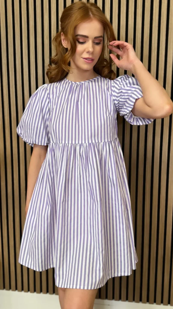 INFLUENCE Going Out Dresses | Occasion Dresses^Lee Lilac & White Striped Puff Sleeve Smock Mini Dress
