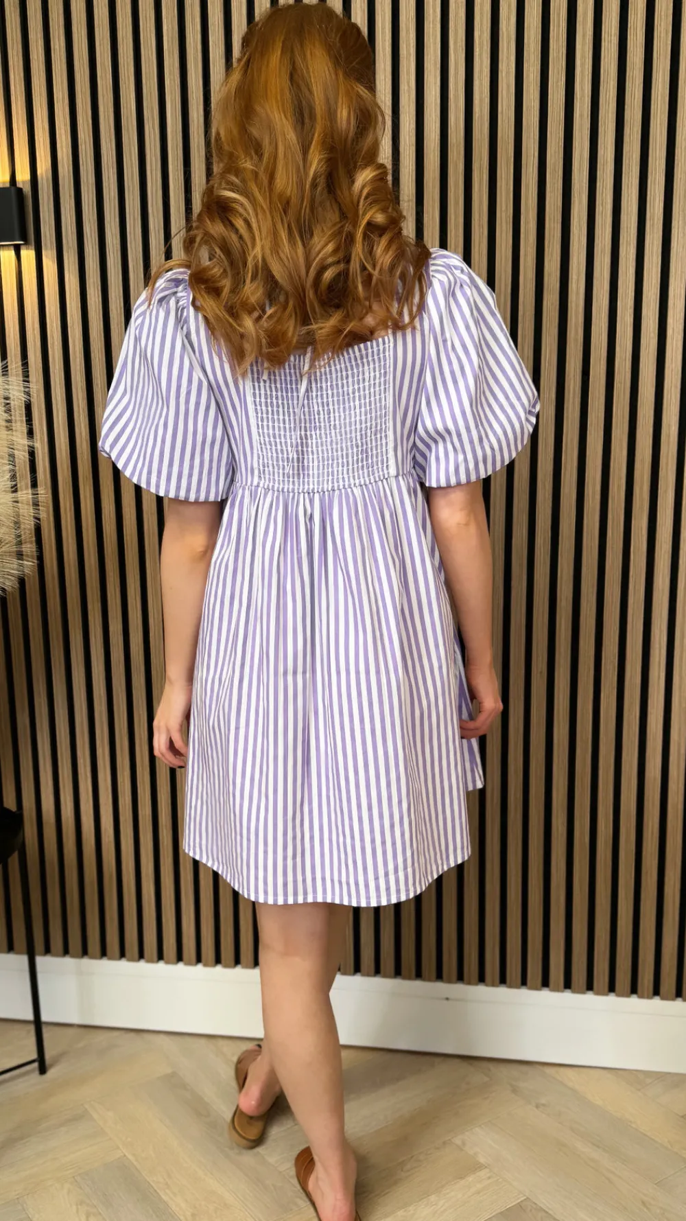 lee_lilac_amp_white_strip_3.webp INFLUENCE Going Out Dresses | Occasion Dresses^Lee Lilac & White Striped Puff Sleeve Smock Mini Dress