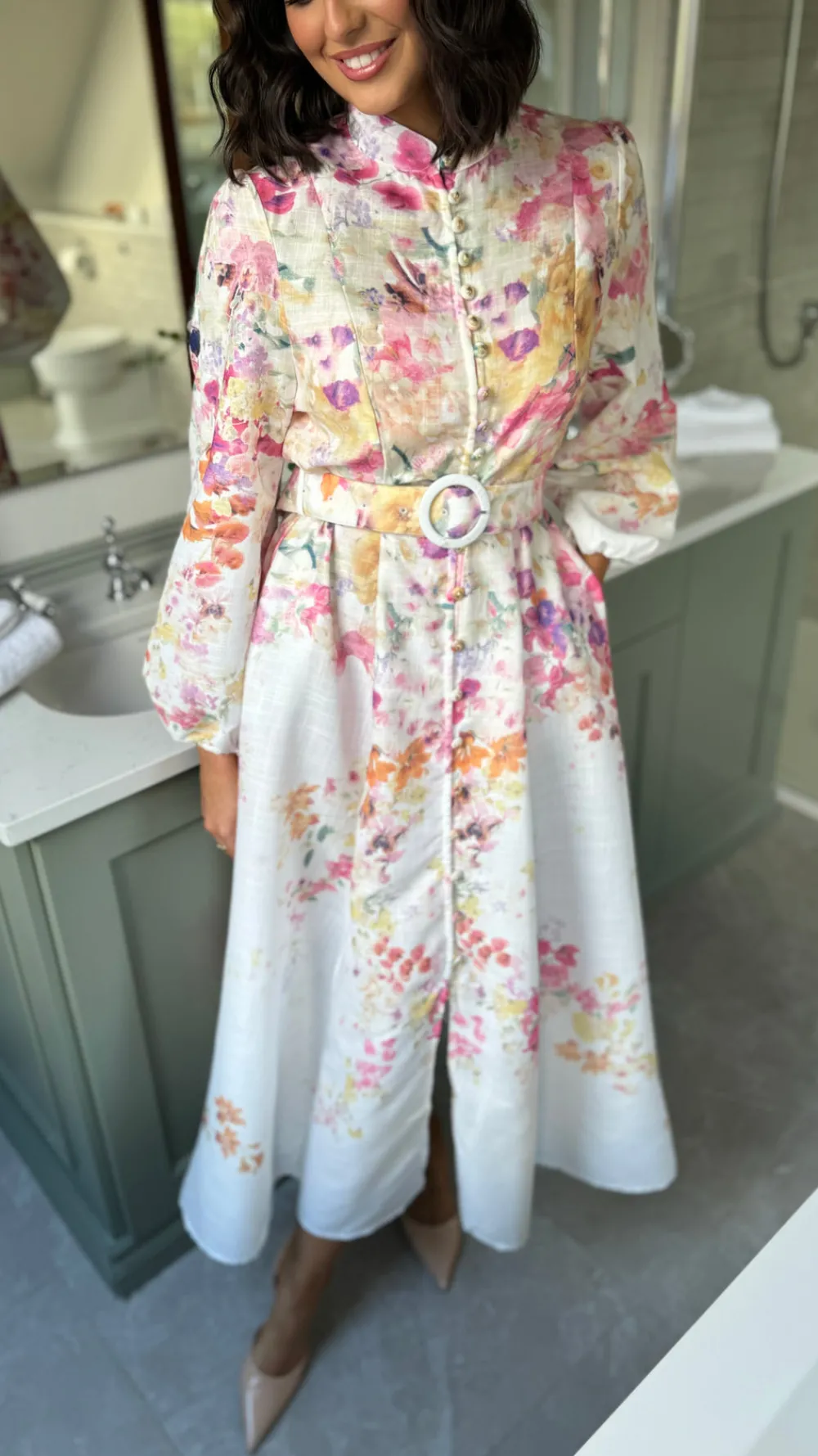 leighton_fuchsia_floral_p_1.webp TIMELY Occasion Dresses | Midi Dresses^Leighton Fuchsia Floral Printed High Neck Midi Dress