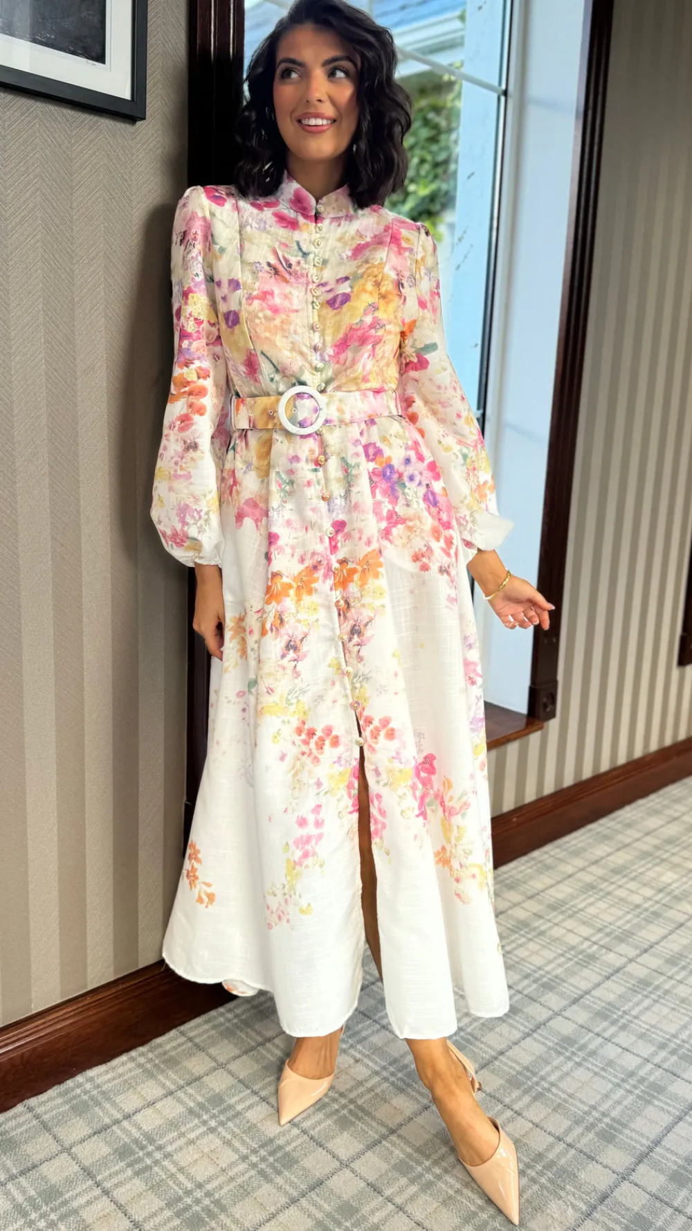 leighton_fuchsia_floral_p_2.webp TIMELY Occasion Dresses | Midi Dresses^Leighton Fuchsia Floral Printed High Neck Midi Dress