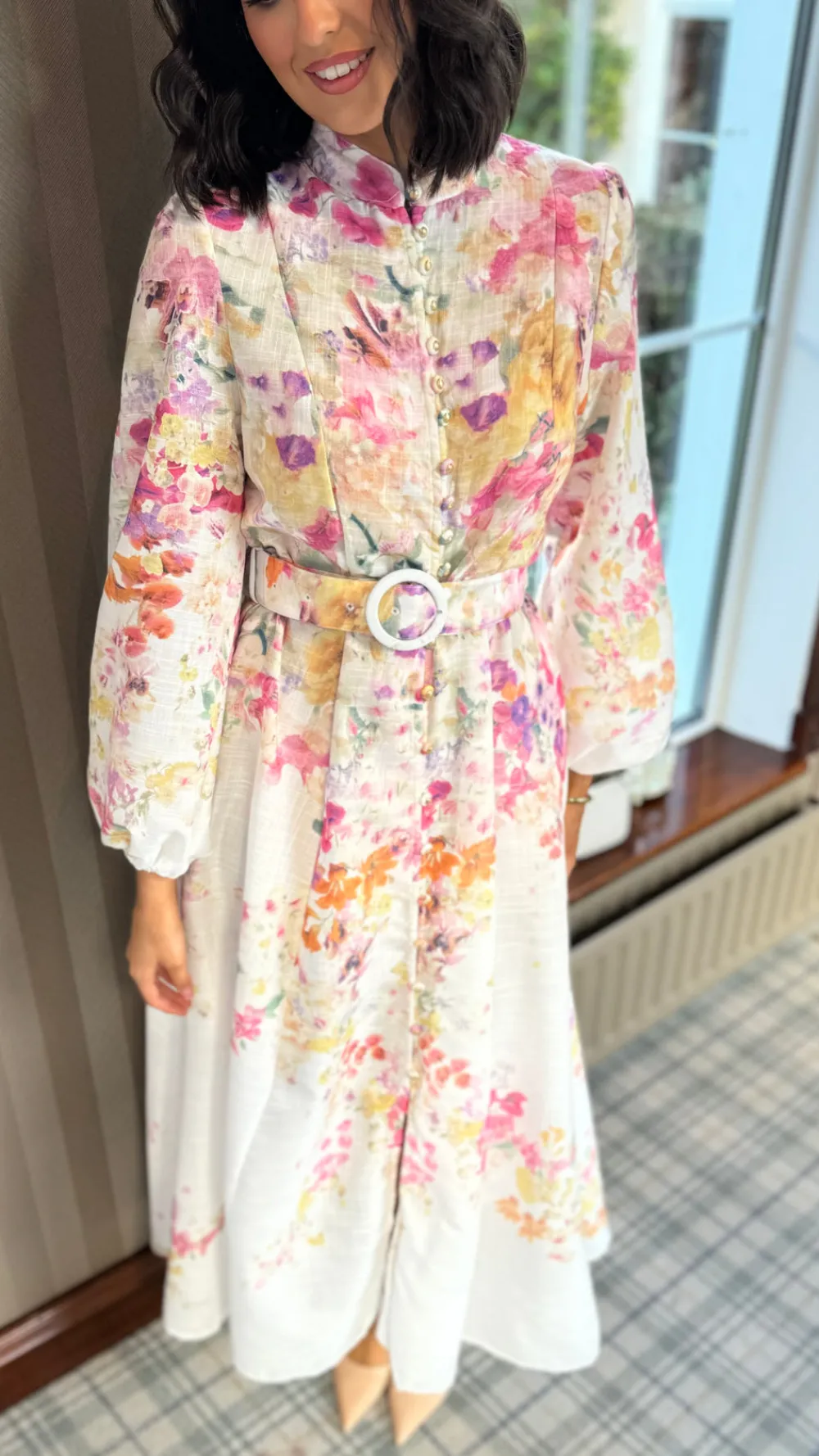 leighton_fuchsia_floral_p_3.webp TIMELY Occasion Dresses | Midi Dresses^Leighton Fuchsia Floral Printed High Neck Midi Dress