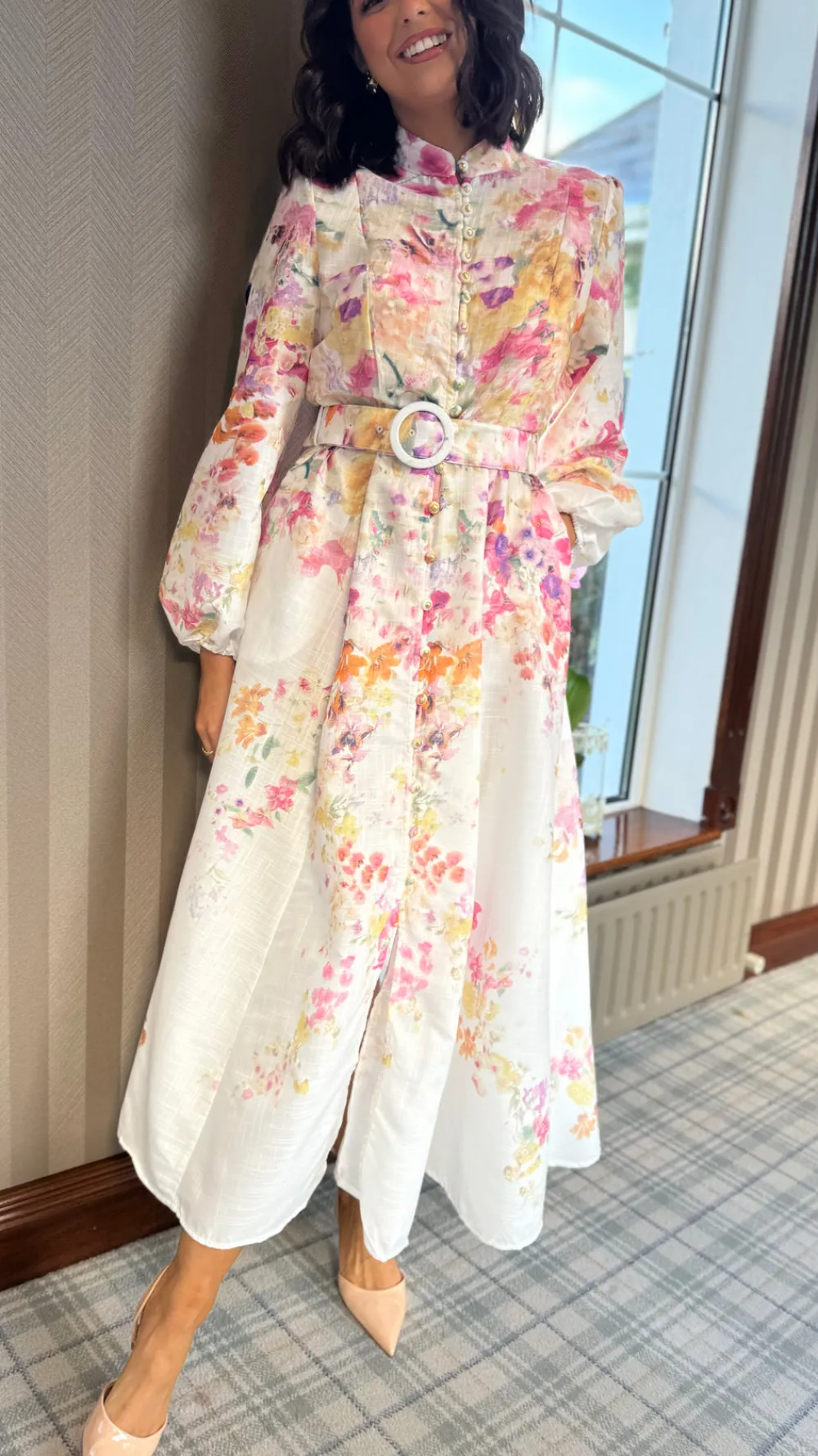 leighton_fuchsia_floral_p_5.webp TIMELY Occasion Dresses | Midi Dresses^Leighton Fuchsia Floral Printed High Neck Midi Dress