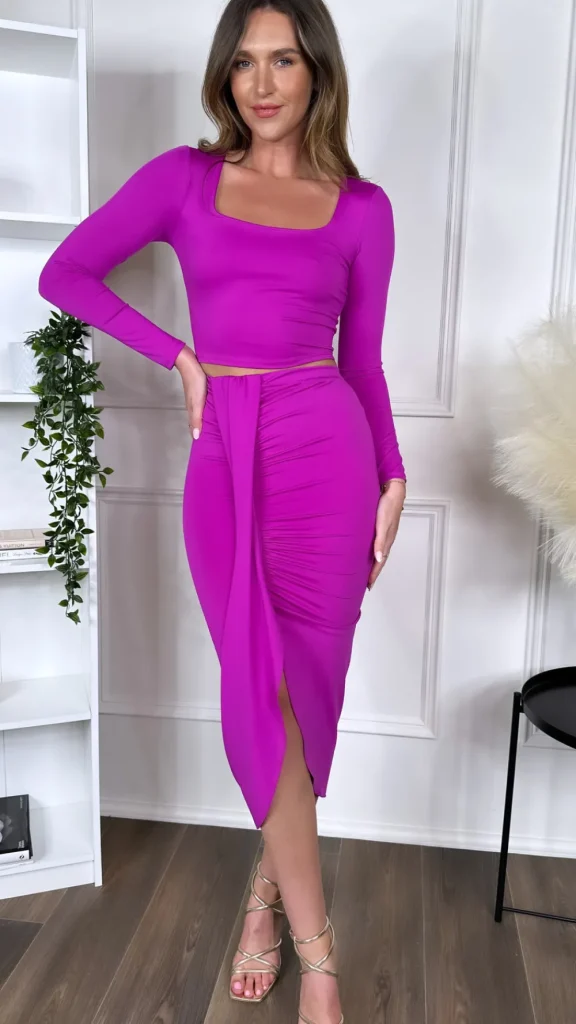 COPPEROSE Co-ords | Going Out Dresses^Leona Fuchsia Crop Top & Midi Skirt Co Ord