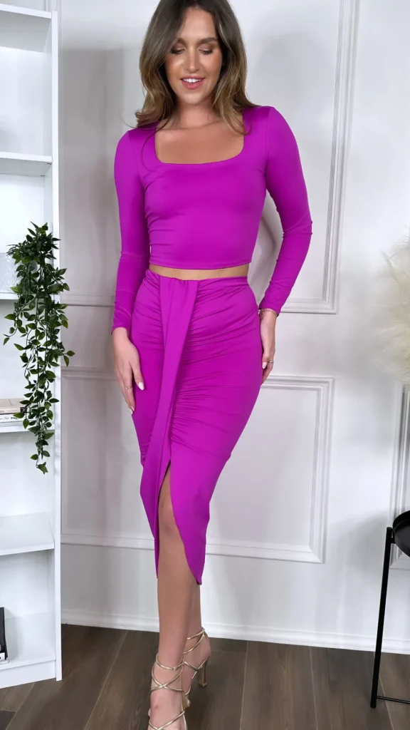 COPPEROSE Co-ords | Going Out Dresses^Leona Fuchsia Crop Top & Midi Skirt Co Ord