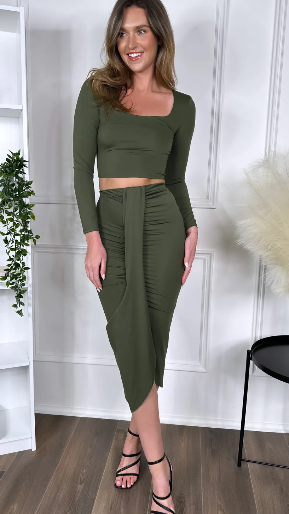 leona_khaki_crop_top_amp__1.webp COPPEROSE Co-ords | Going Out Dresses^Leona Khaki Crop Top & Midi Skirt Co Ord