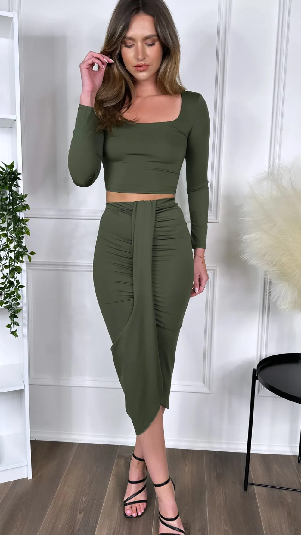 leona_khaki_crop_top_amp__2.webp COPPEROSE Co-ords | Going Out Dresses^Leona Khaki Crop Top & Midi Skirt Co Ord