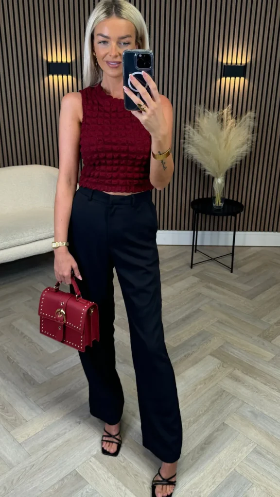 LUCCE Tops^Lexi Burgundy Waffle Detail Crop Top