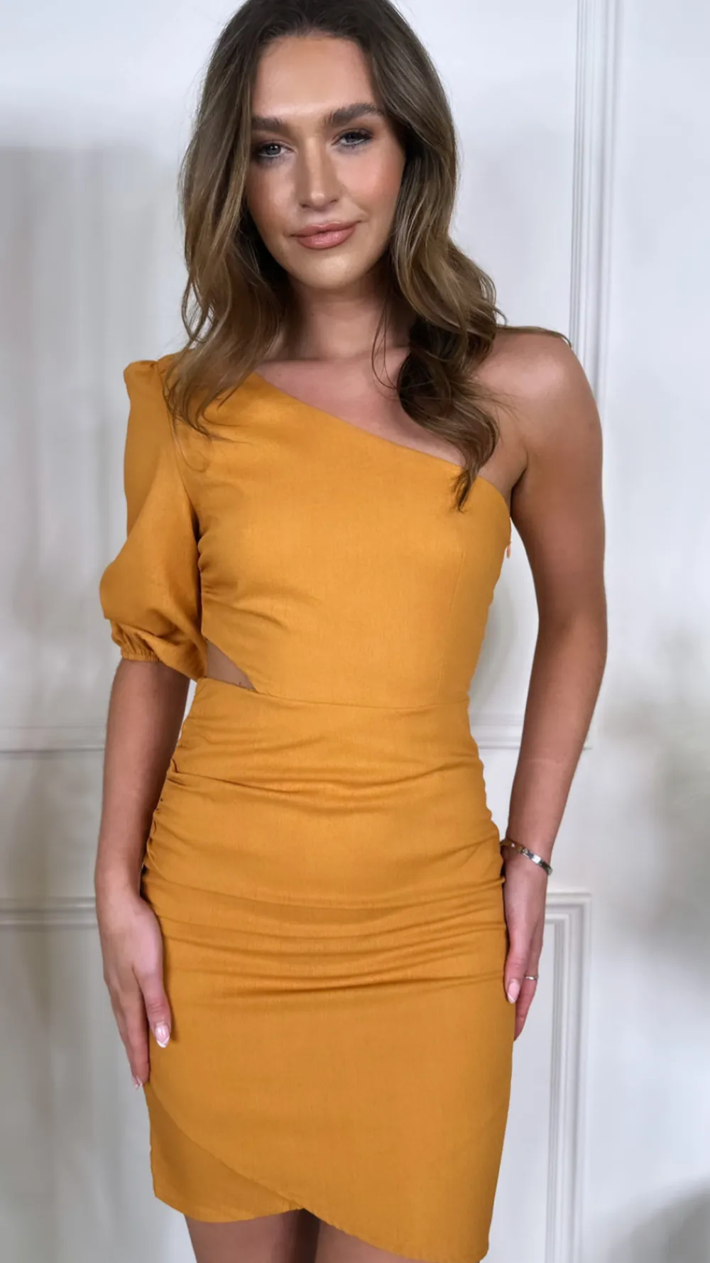 libby_orange_one_shoulder_2.webp COPPEROSE Going Out Dresses | Occasion Dresses^Libby Orange One Shoulder Cut Out Mini Dress