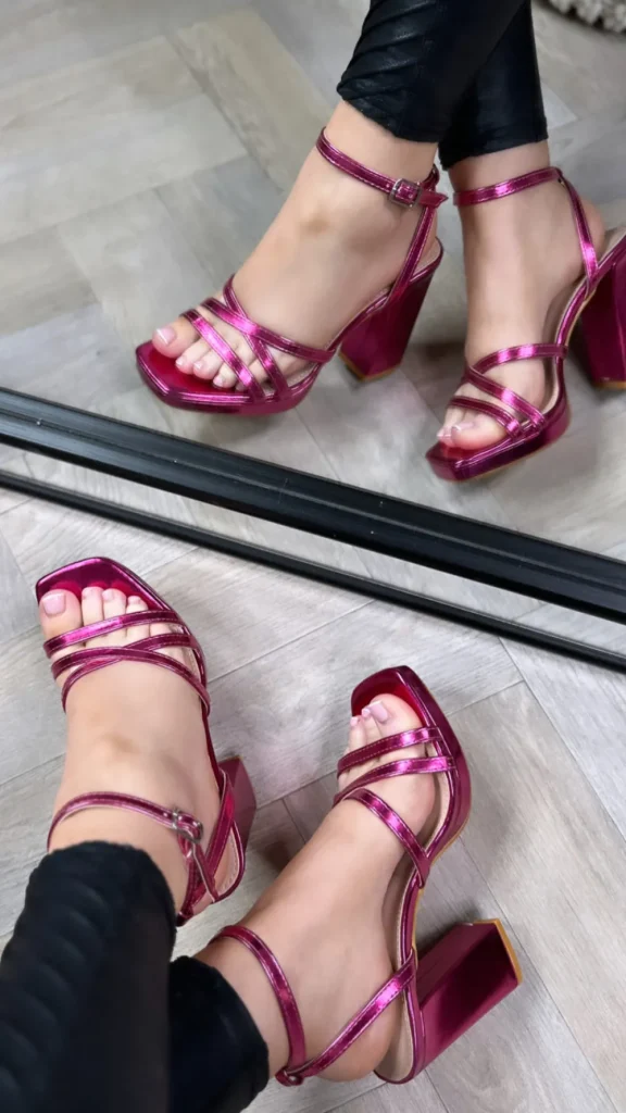JOIA Heels^Lily Metallic Pink Strappy Block Heel Sandals