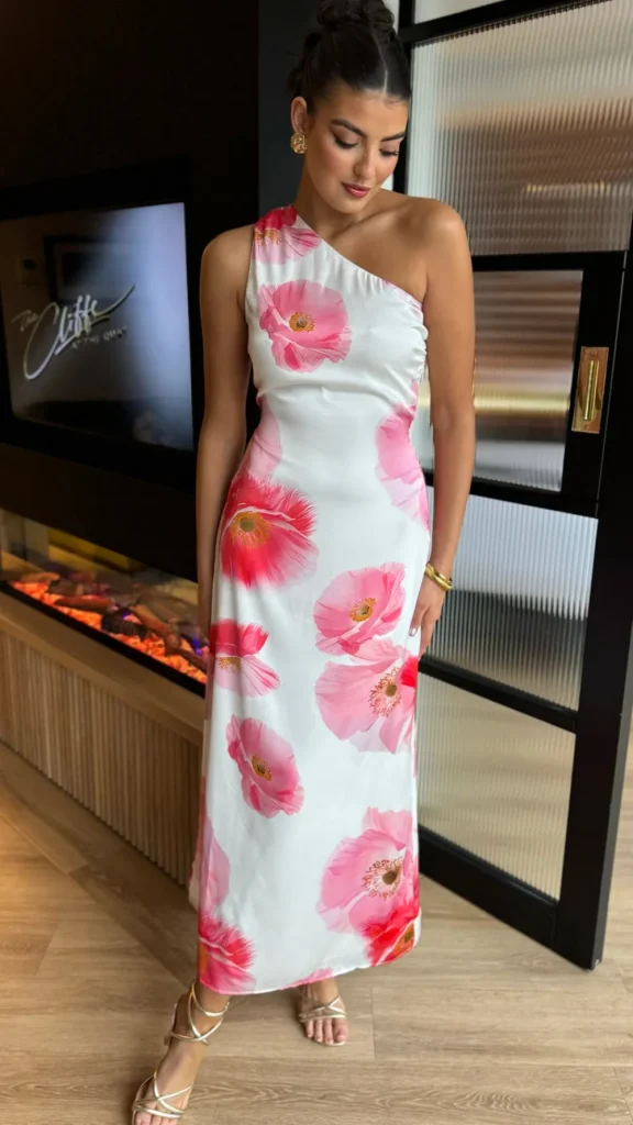 AX PARIS Going Out Dresses | Occasion Dresses^Lisa Cream & Pink Floral Print One Shoulder Open Back Twist Detail Midi Dress