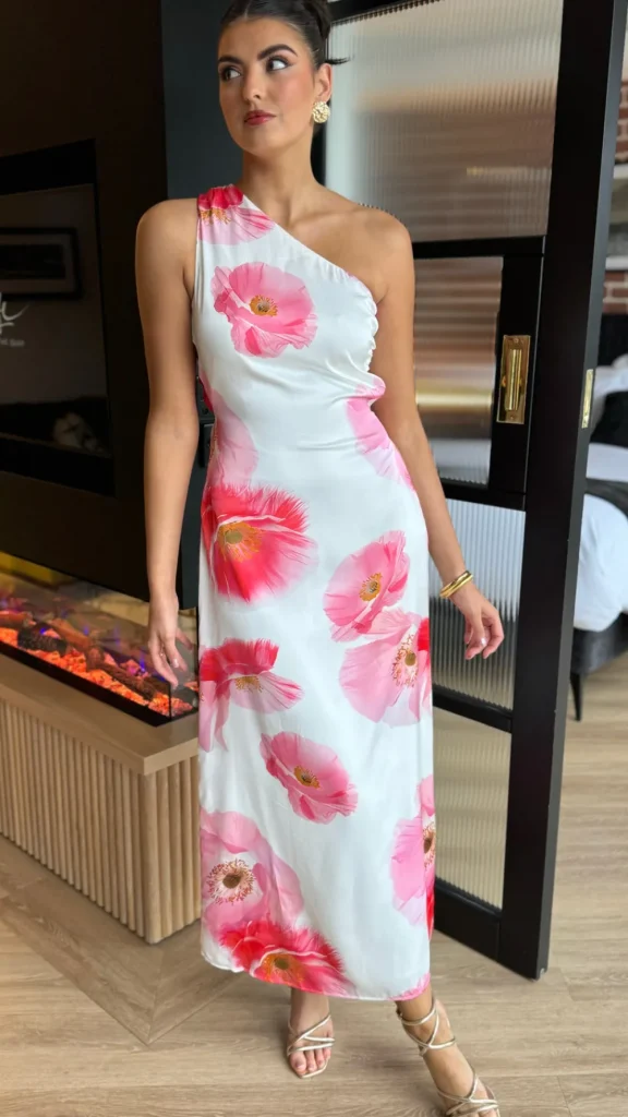 AX PARIS Going Out Dresses | Occasion Dresses^Lisa Cream & Pink Floral Print One Shoulder Open Back Twist Detail Midi Dress