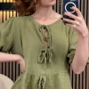 ESTEE BROWN Tops^Louie Khaki Tie Detail Peplum Top