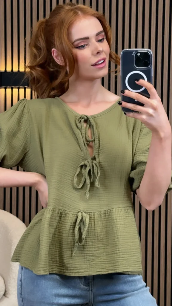 ESTEE BROWN Tops^Louie Khaki Tie Detail Peplum Top