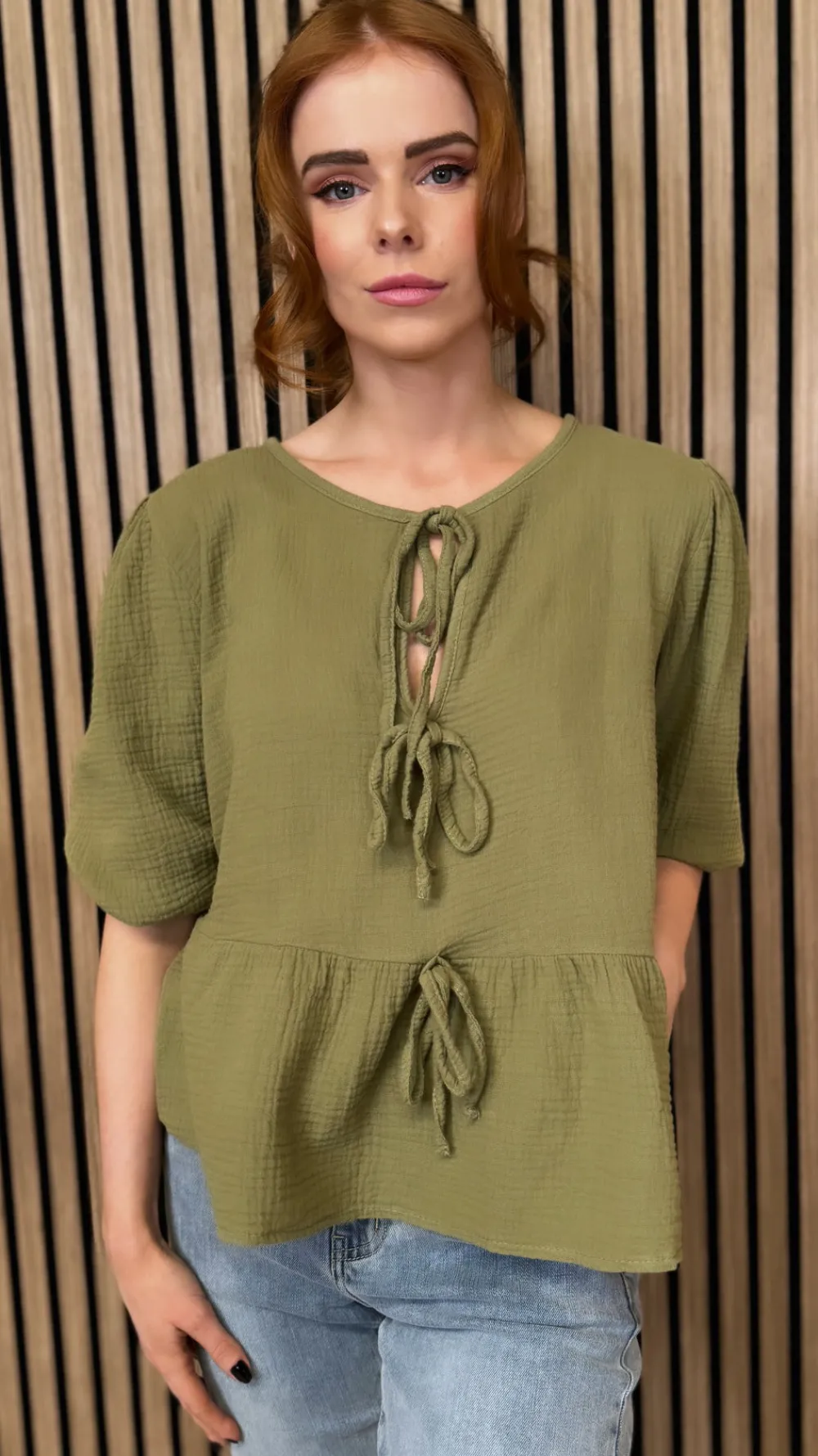 louie_khaki_tie_detail_pe_1.webp ESTEE BROWN Tops^Louie Khaki Tie Detail Peplum Top