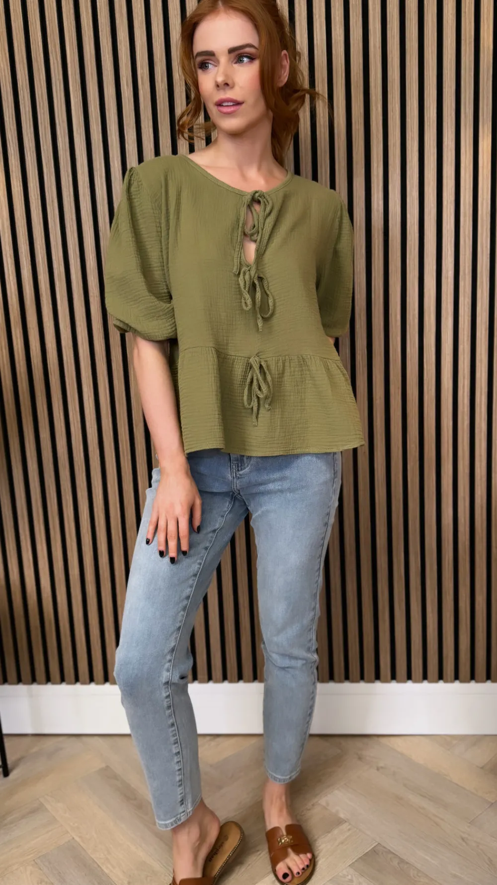 louie_khaki_tie_detail_pe_2.webp ESTEE BROWN Tops^Louie Khaki Tie Detail Peplum Top