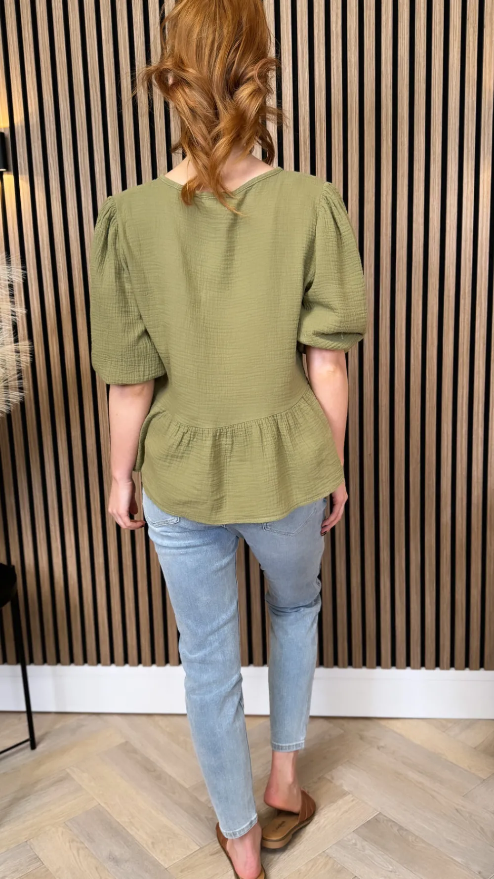 louie_khaki_tie_detail_pe_3.webp ESTEE BROWN Tops^Louie Khaki Tie Detail Peplum Top