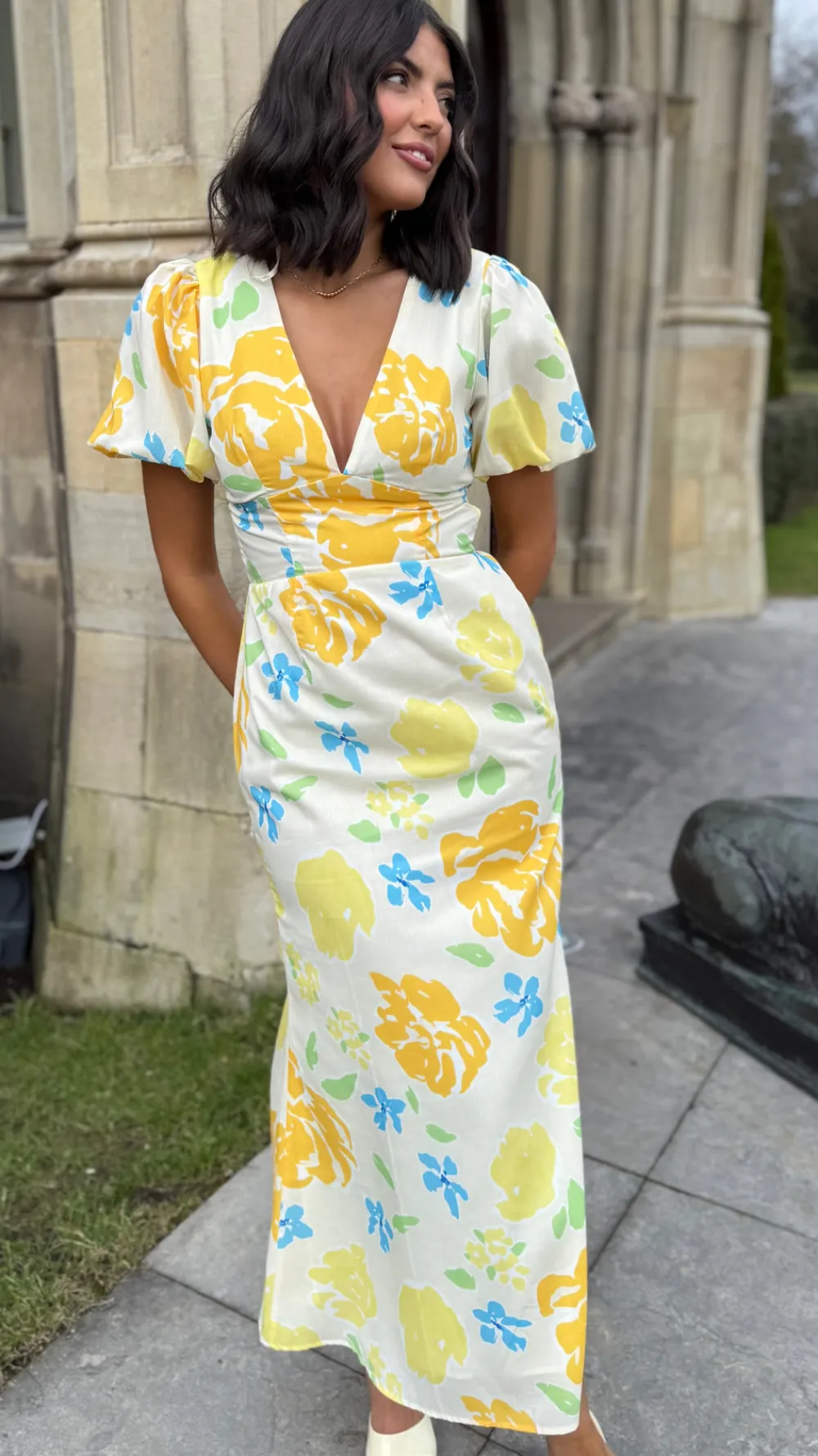 lucinda_yellow_floral_sho_0.webp CANDICE FAIRE Going Out Dresses | Occasion Dresses^Lucinda Yellow Floral Short Sleeve Maxi Dress