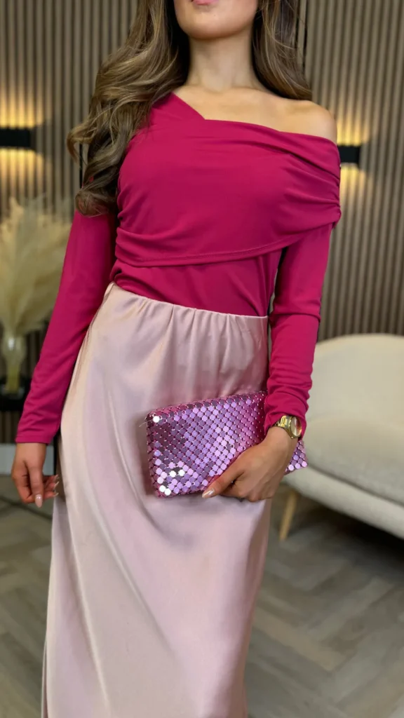 LORIANE Tops^Madison Fuchsia Draped One Shoulder Detail Top