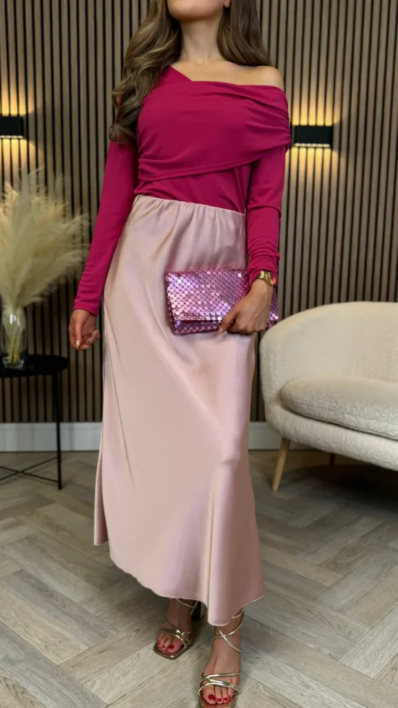 LORIANE Tops^Madison Fuchsia Draped One Shoulder Detail Top