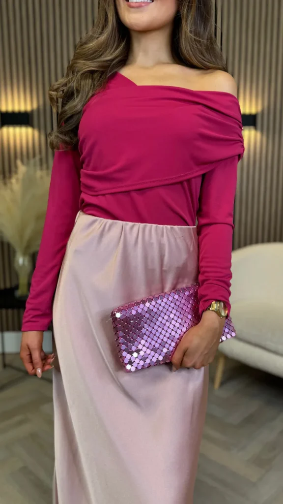 LORIANE Tops^Madison Fuchsia Draped One Shoulder Detail Top