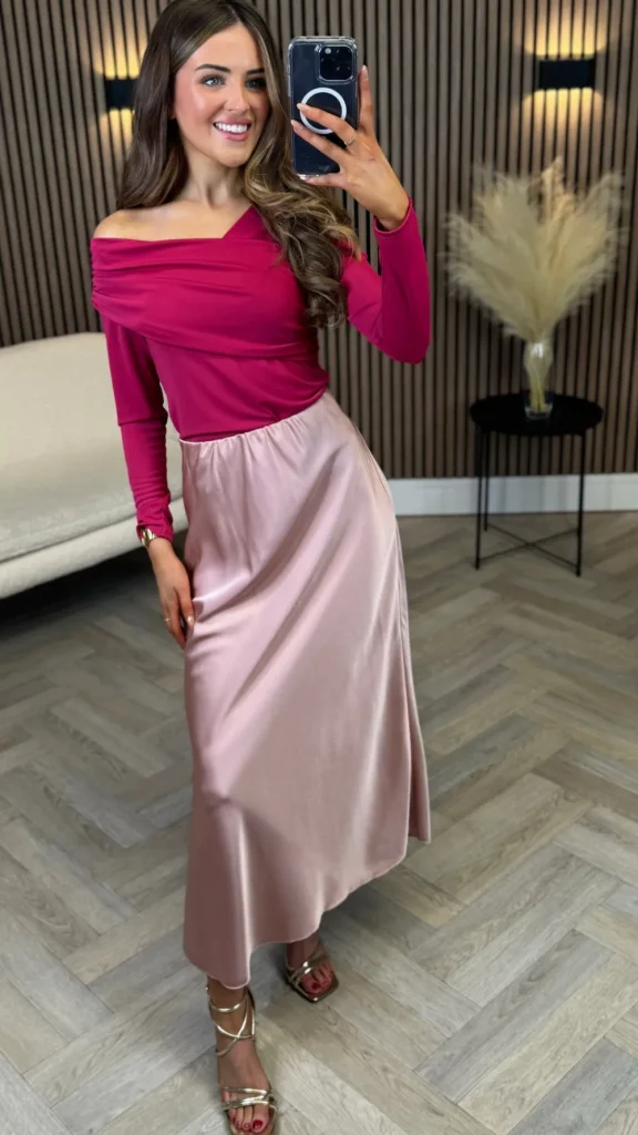 LORIANE Tops^Madison Fuchsia Draped One Shoulder Detail Top