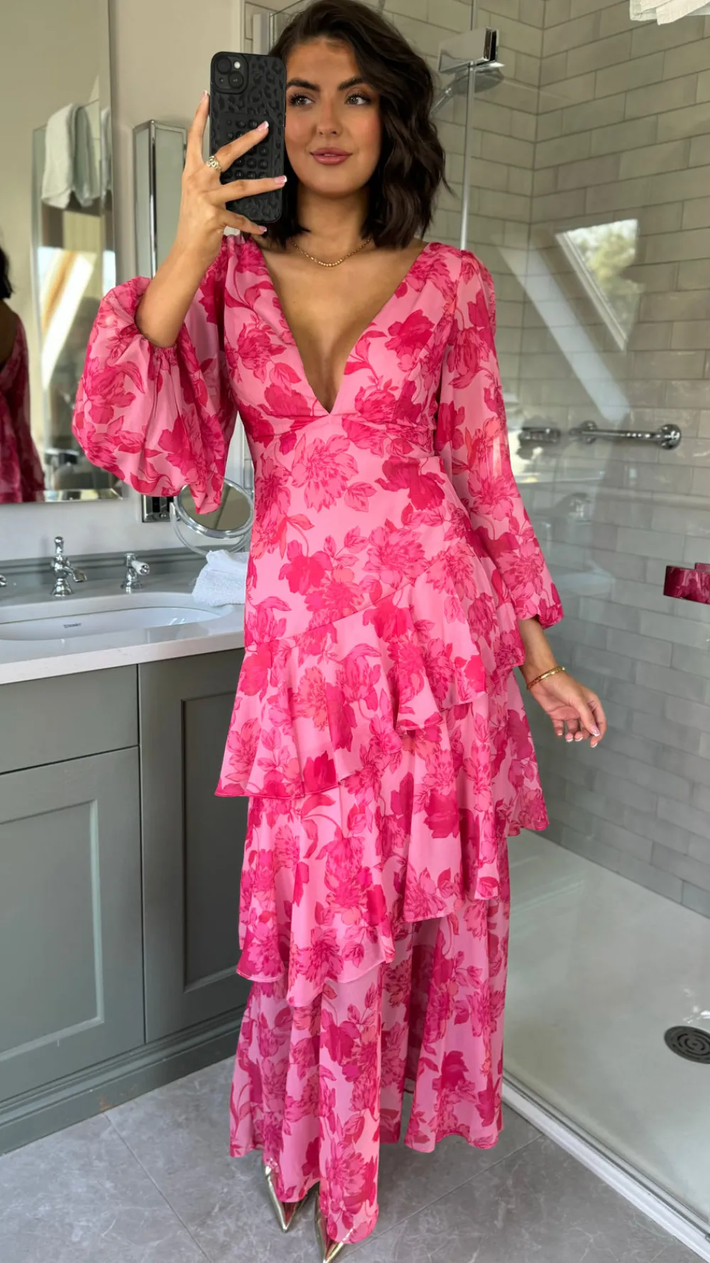 mariah_pink_floral_tie_ba_0.webp CANDICE FAIRE Going Out Dresses | Occasion Dresses^Mariah Pink Floral Tie Back Long Sleeve Tiered Maxi Dress
