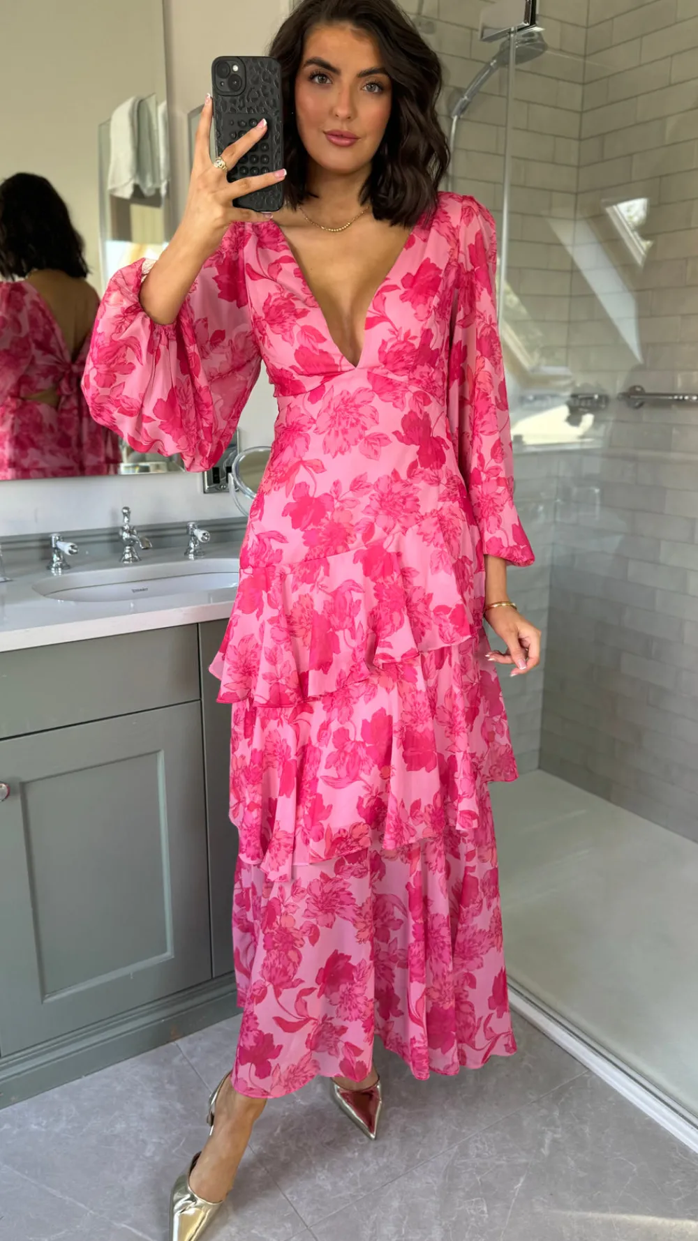 mariah_pink_floral_tie_ba_1.webp CANDICE FAIRE Going Out Dresses | Occasion Dresses^Mariah Pink Floral Tie Back Long Sleeve Tiered Maxi Dress