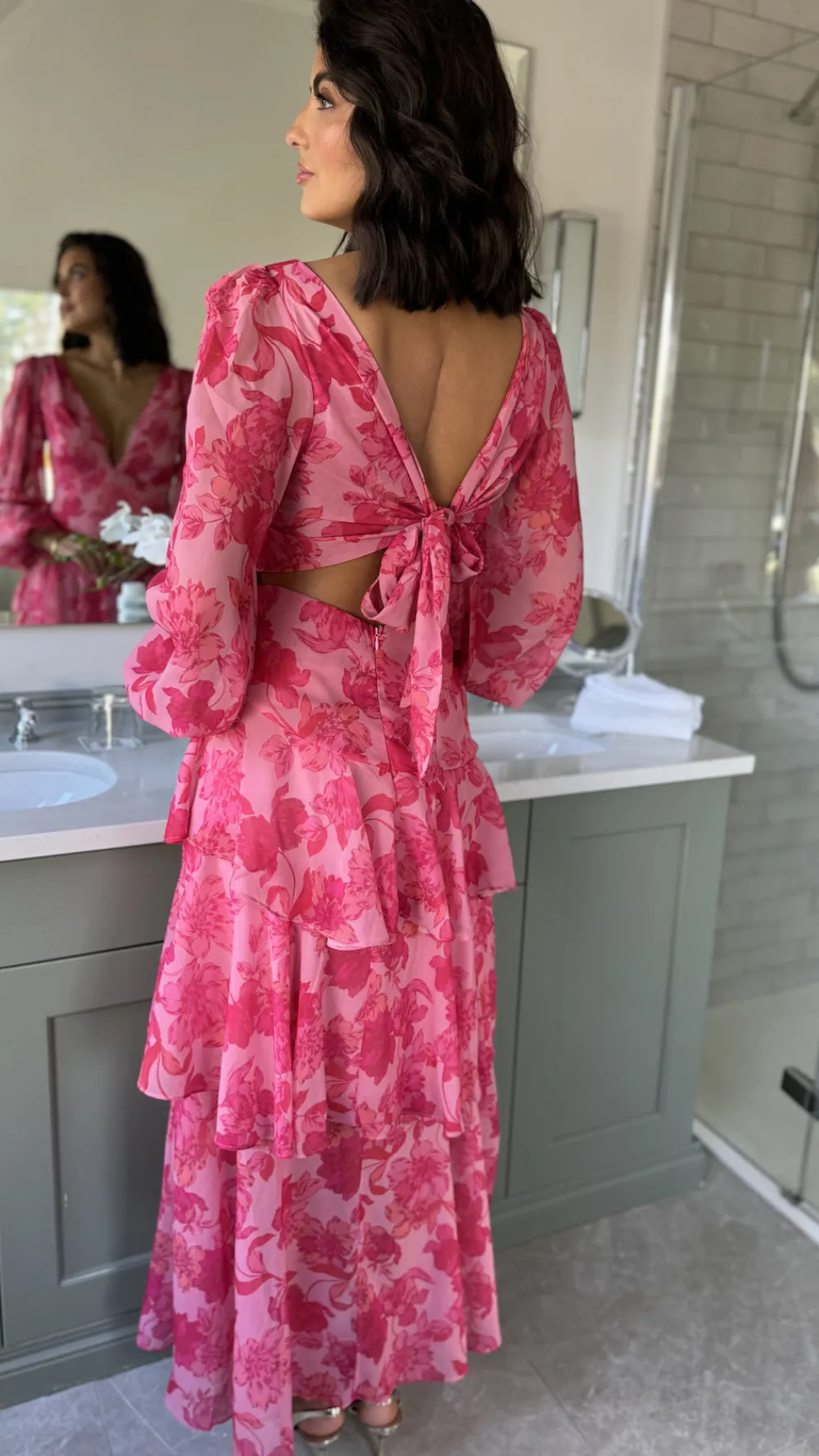 mariah_pink_floral_tie_ba_2.webp CANDICE FAIRE Going Out Dresses | Occasion Dresses^Mariah Pink Floral Tie Back Long Sleeve Tiered Maxi Dress