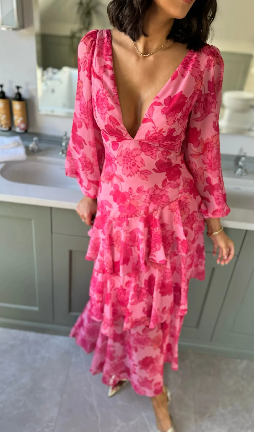 mariah_pink_floral_tie_ba_3.webp CANDICE FAIRE Going Out Dresses | Occasion Dresses^Mariah Pink Floral Tie Back Long Sleeve Tiered Maxi Dress