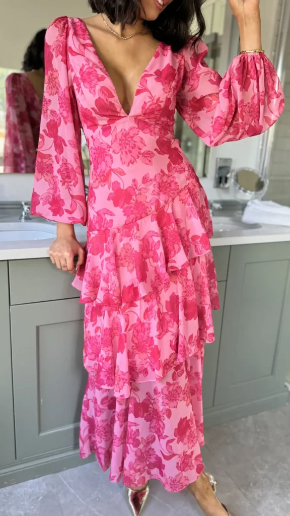 CANDICE FAIRE Going Out Dresses | Occasion Dresses^Mariah Pink Floral Tie Back Long Sleeve Tiered Maxi Dress