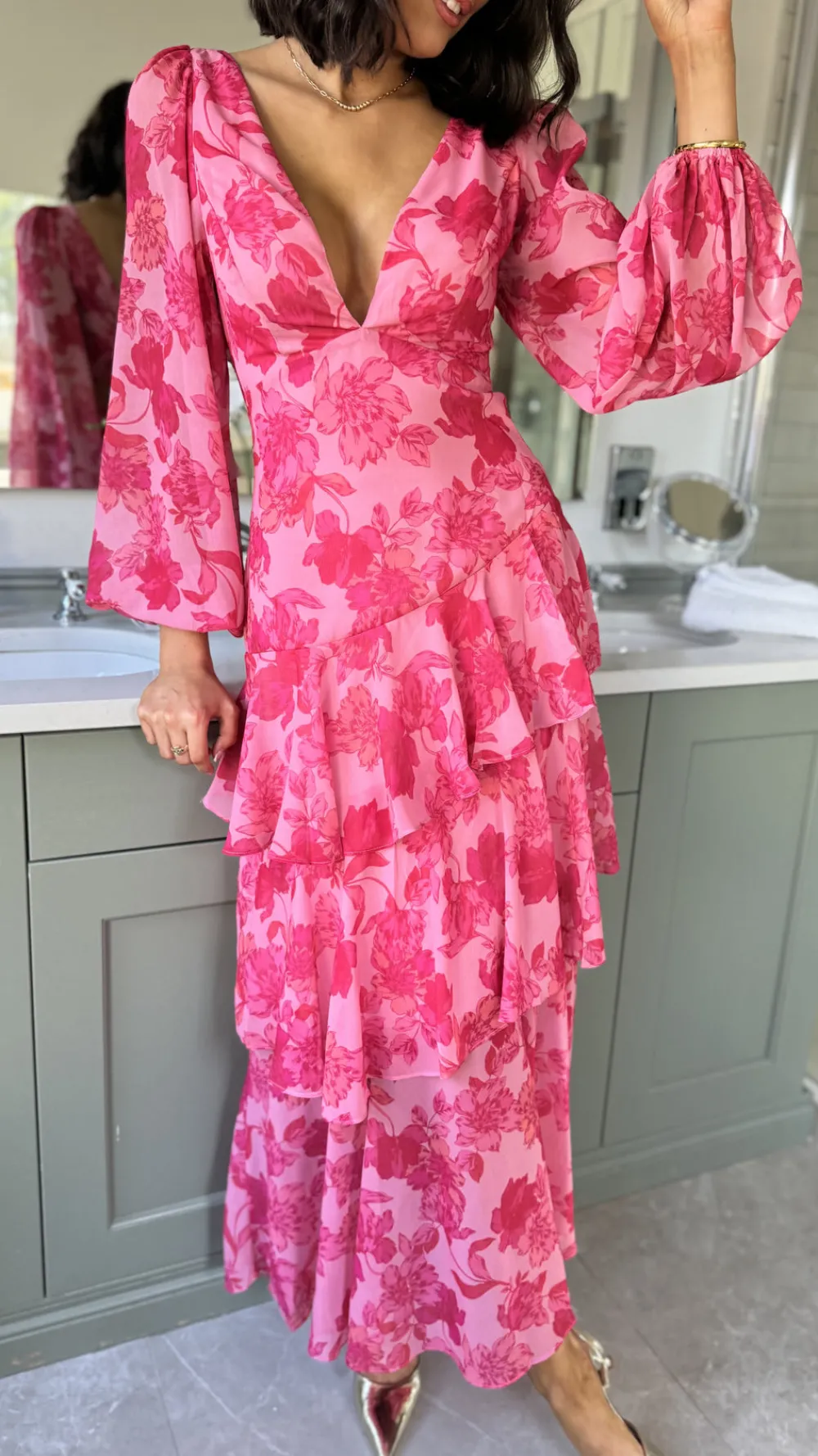 mariah_pink_floral_tie_ba_4.webp CANDICE FAIRE Going Out Dresses | Occasion Dresses^Mariah Pink Floral Tie Back Long Sleeve Tiered Maxi Dress