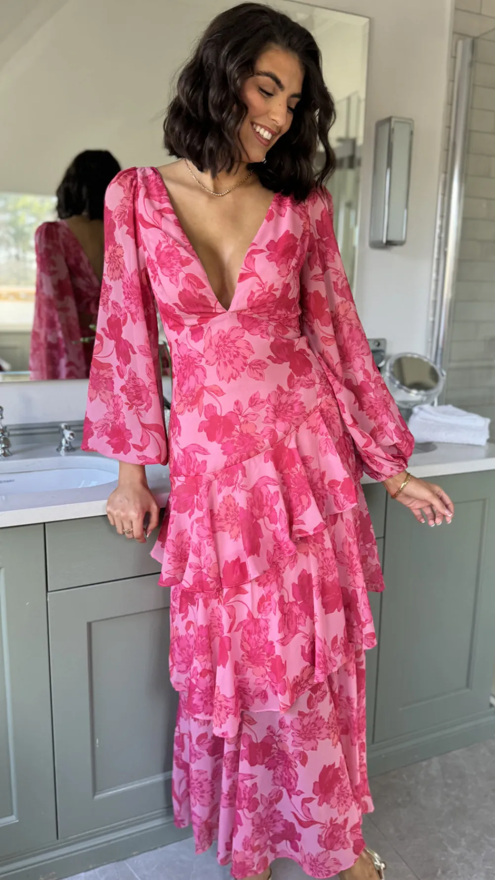 mariah_pink_floral_tie_ba_5.webp CANDICE FAIRE Going Out Dresses | Occasion Dresses^Mariah Pink Floral Tie Back Long Sleeve Tiered Maxi Dress