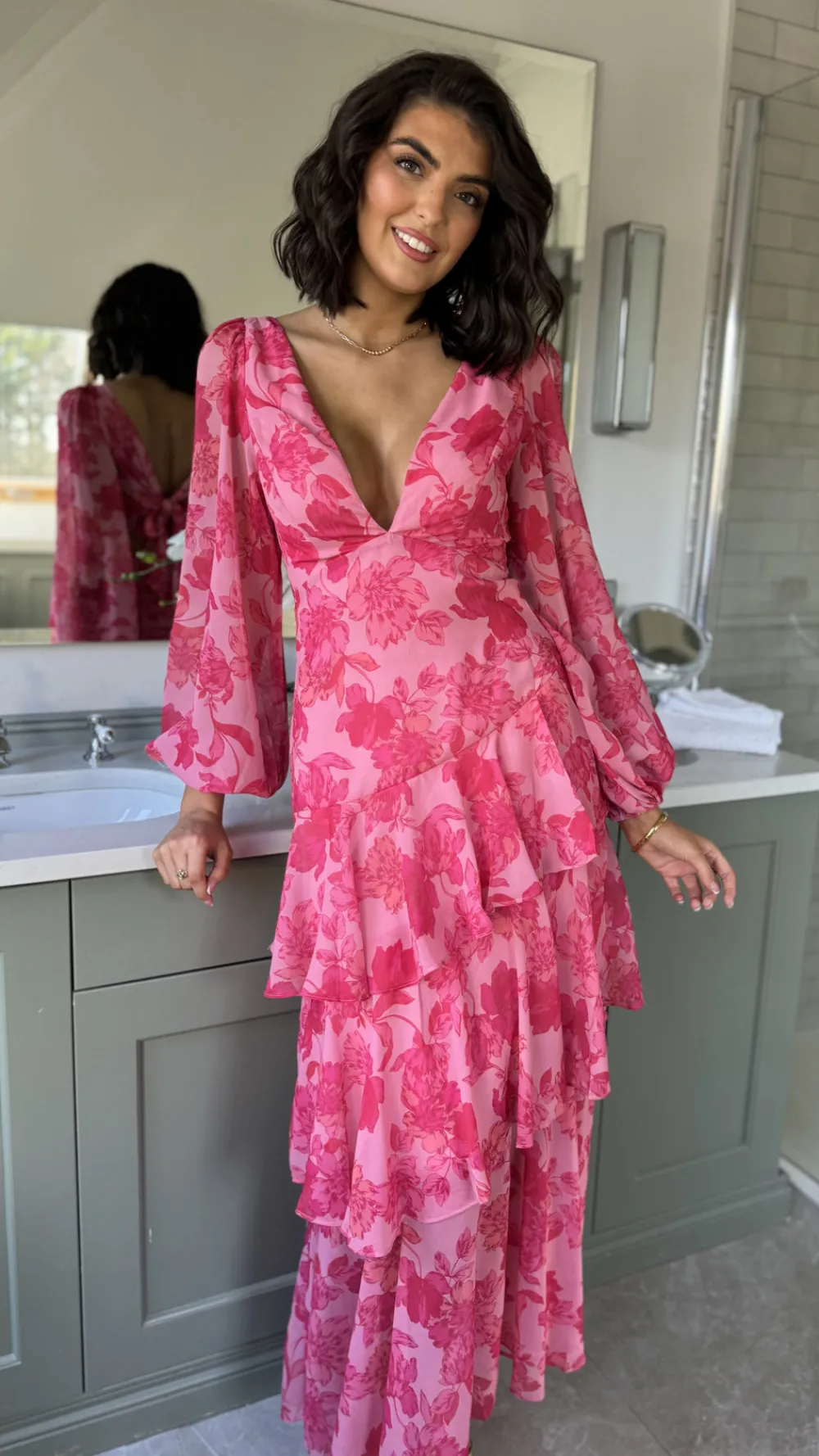 mariah_pink_floral_tie_ba_6.webp CANDICE FAIRE Going Out Dresses | Occasion Dresses^Mariah Pink Floral Tie Back Long Sleeve Tiered Maxi Dress