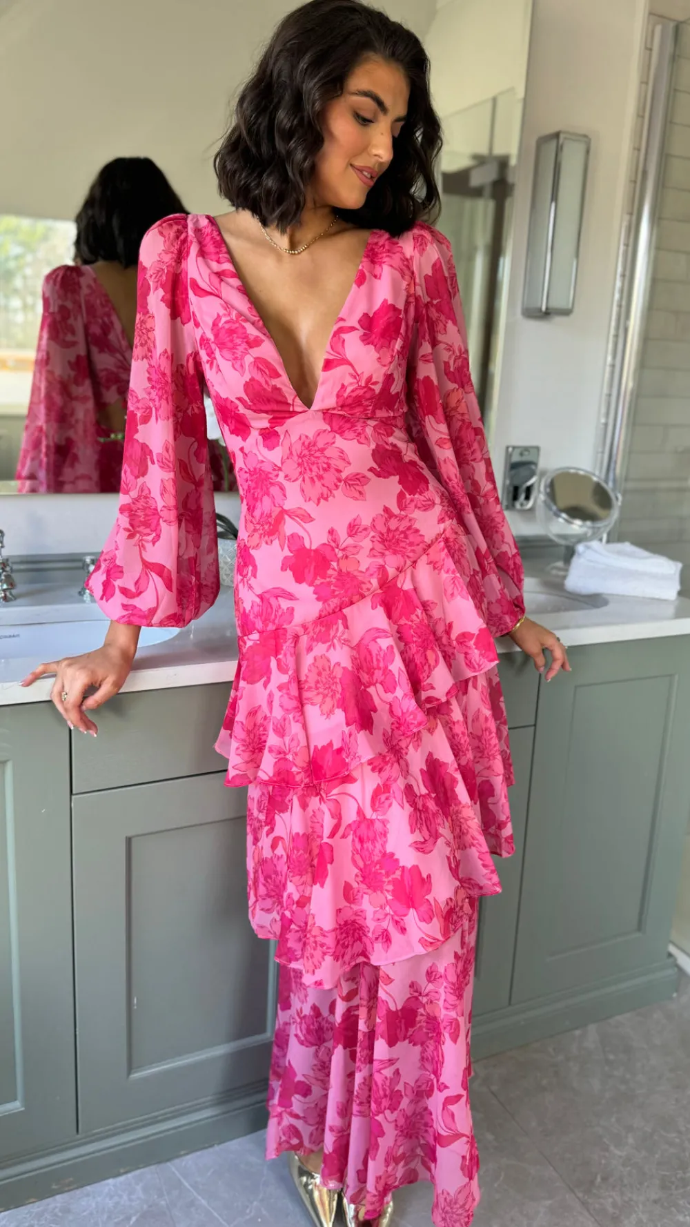mariah_pink_floral_tie_ba_7.webp CANDICE FAIRE Going Out Dresses | Occasion Dresses^Mariah Pink Floral Tie Back Long Sleeve Tiered Maxi Dress