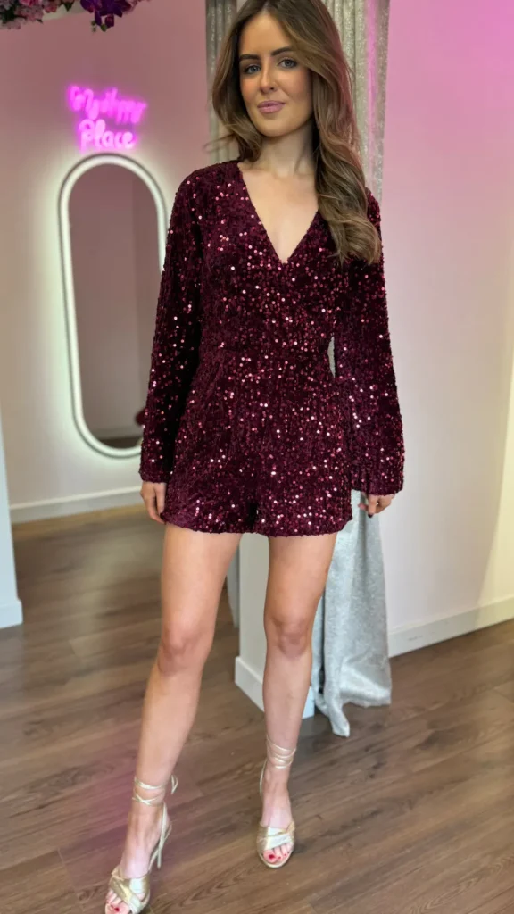 LUCCE Jumpsuits + Playsuits^Mariama Burgundy Sequin Playsuit