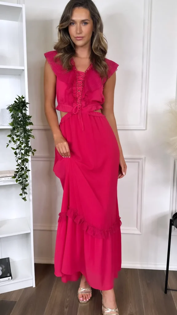 FLAM MODE Going Out Dresses | Occasion Dresses^Marietta Fuchsia Frill Detail Cut Out Midaxi Dress
