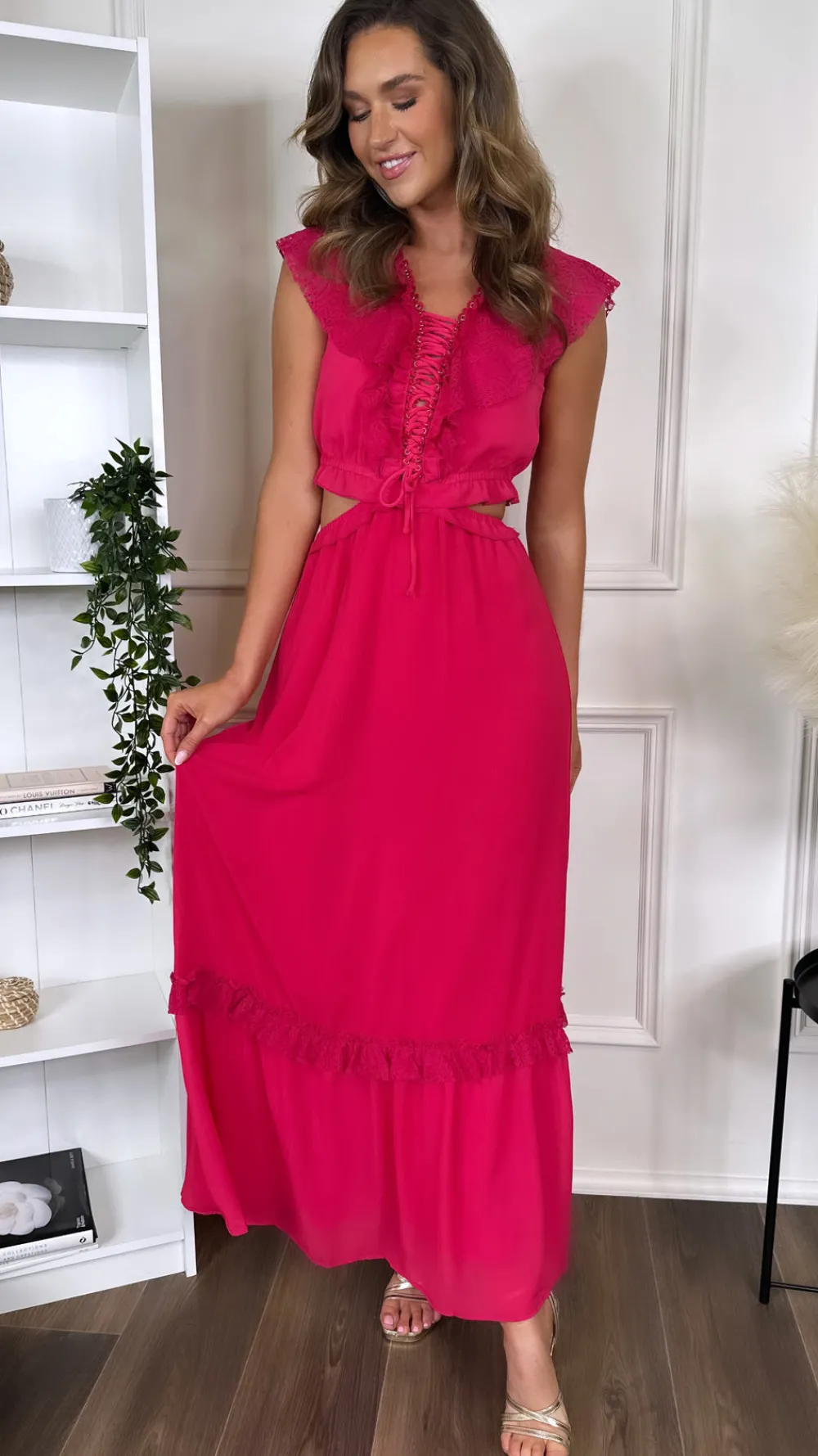 marietta_fuchsia_frill_de_1.webp FLAM MODE Going Out Dresses | Occasion Dresses^Marietta Fuchsia Frill Detail Cut Out Midaxi Dress