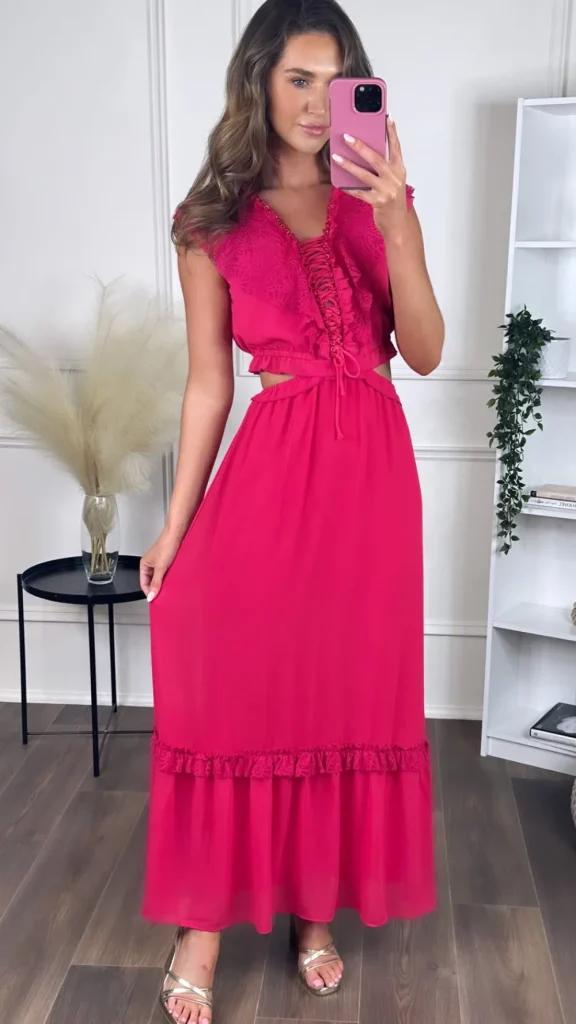 FLAM MODE Going Out Dresses | Occasion Dresses^Marietta Fuchsia Frill Detail Cut Out Midaxi Dress