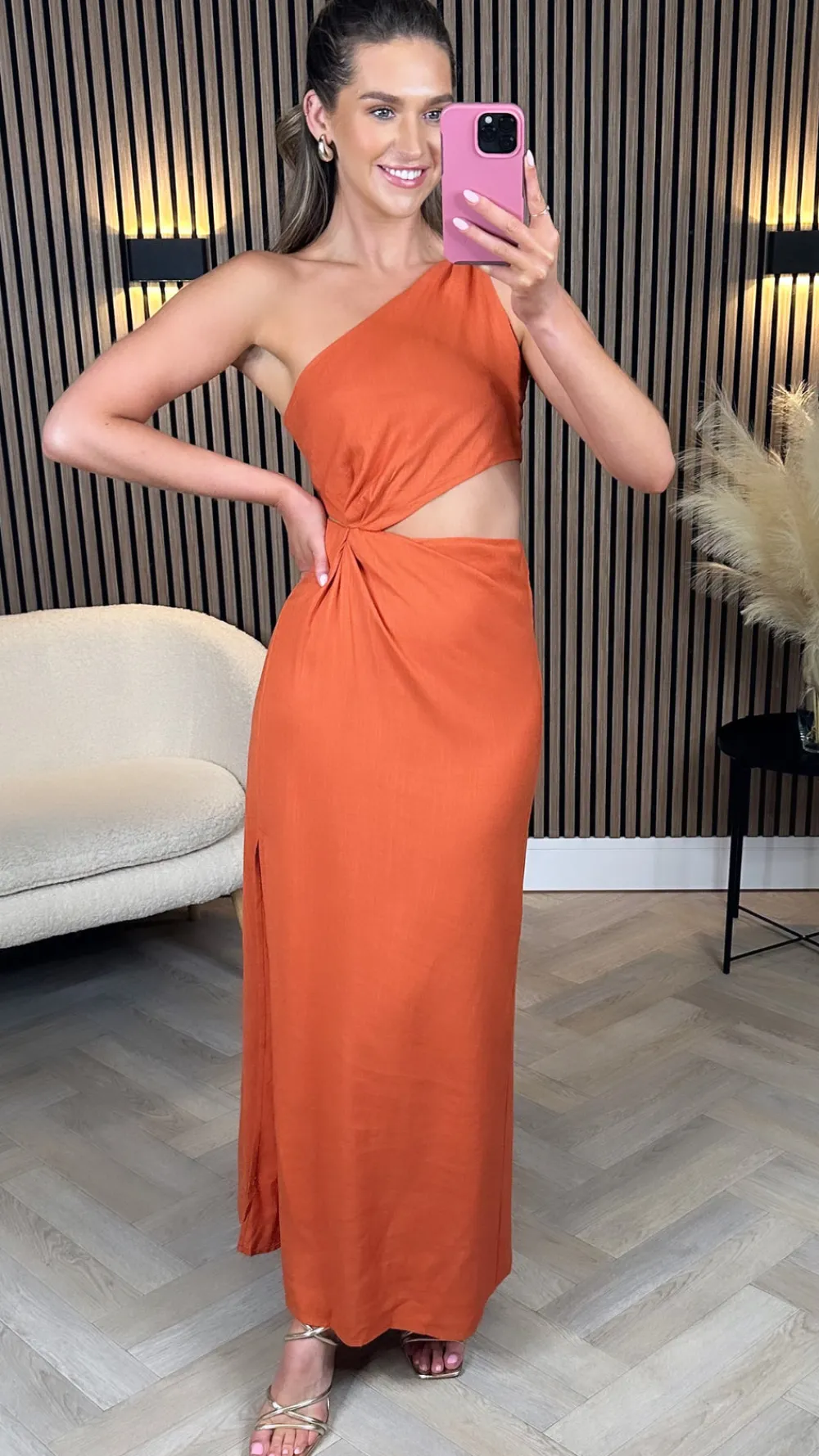 marlene_rust_one_shoulder_4.webp ELENZA Going Out Dresses | Occasion Dresses^Marlene Rust One Shoulder Cut Out Midi Dress